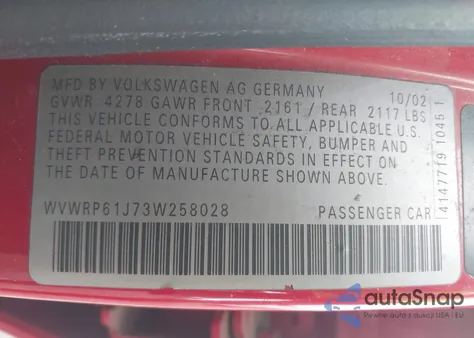 2003 Volkswagen Jetta Gl Tdi из США, поврежденный, VIN WVWRP61J73W258028